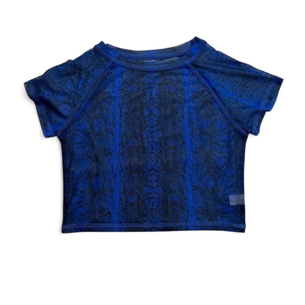Indie Sleaze Cobalt Blue Snakeskin Sheer Mesh Cropped Baby Tee Shirt
